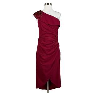 Adrianna Papell Women's Cocktail Dress Size 6 Red Beaded One Shoulder Sheath